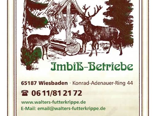 Werbeplakat für Walters Futterkrippe Imbiss in Wiesbaden mit Öffnungszeiten Telefon und QR Code sowie Hirschzeichnung